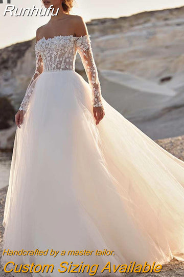 Runhufu A-Line Wedding Dress 2024 Women Lace Open Back Strapless Long Detachable Sleeve Bridal Gown Sweep Train Vestido De Noiva
